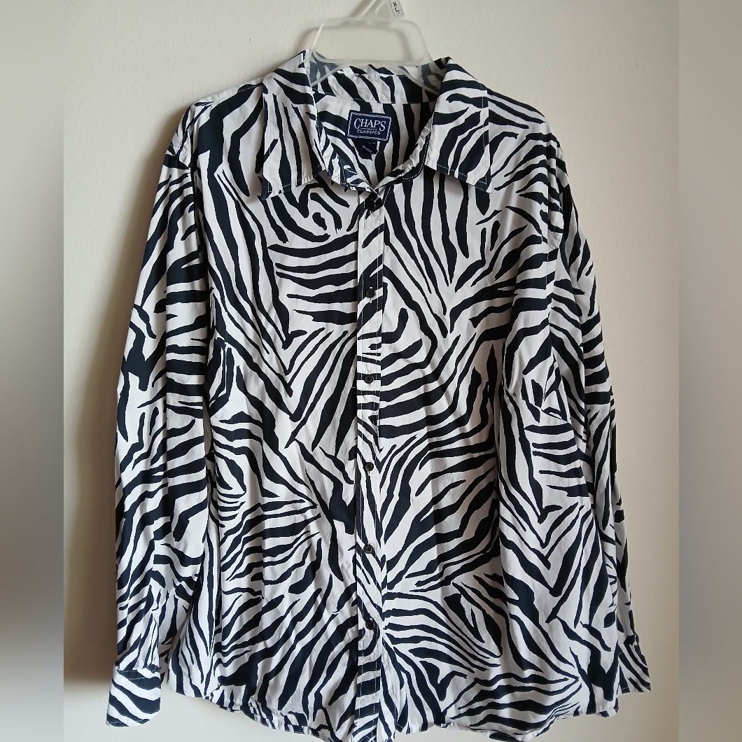 Chaps 2x Women's Zebra Stripe Button Front Cotton Blouse